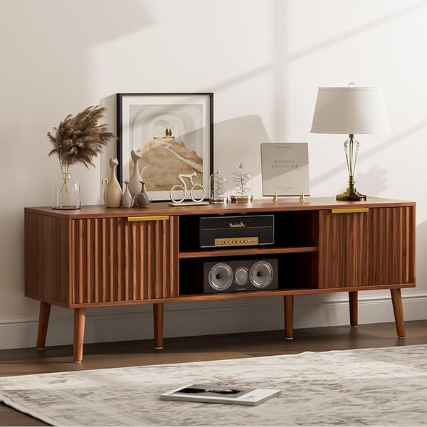 Walnut Fluted TV Stand with Storage & Open Shelves