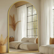 Arched Metal Frame Floor Mirror — close-up of label and production detail