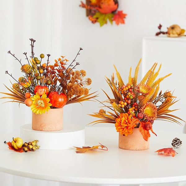 Two orange Fall Bouquet Set artificial flower arrangements vase