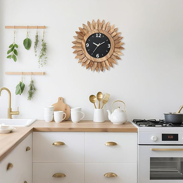 Rustic Brown 14-Inch Wood Sunburst Wall Clock