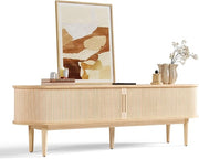 LINSY HOME Fluted TV Stand for 75" TV, Mid-Century Modern 70" Entertainment Center with Sliding Tambour Door and Storage Cabinet, Cruved TV Media Console Table for Living Room, Bedroom, Oak