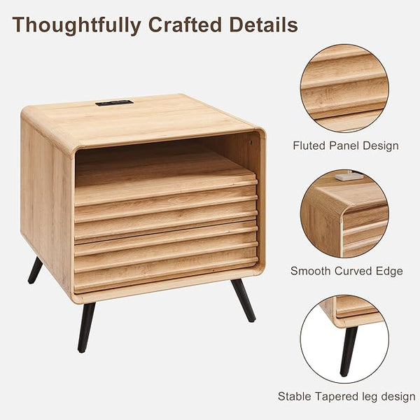 Natural Oak Fluted Charging Nightstands, Set of 2