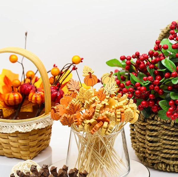 12 gold Autumn Pumpkin Maple Leaf cocktail picks, autumn shapes