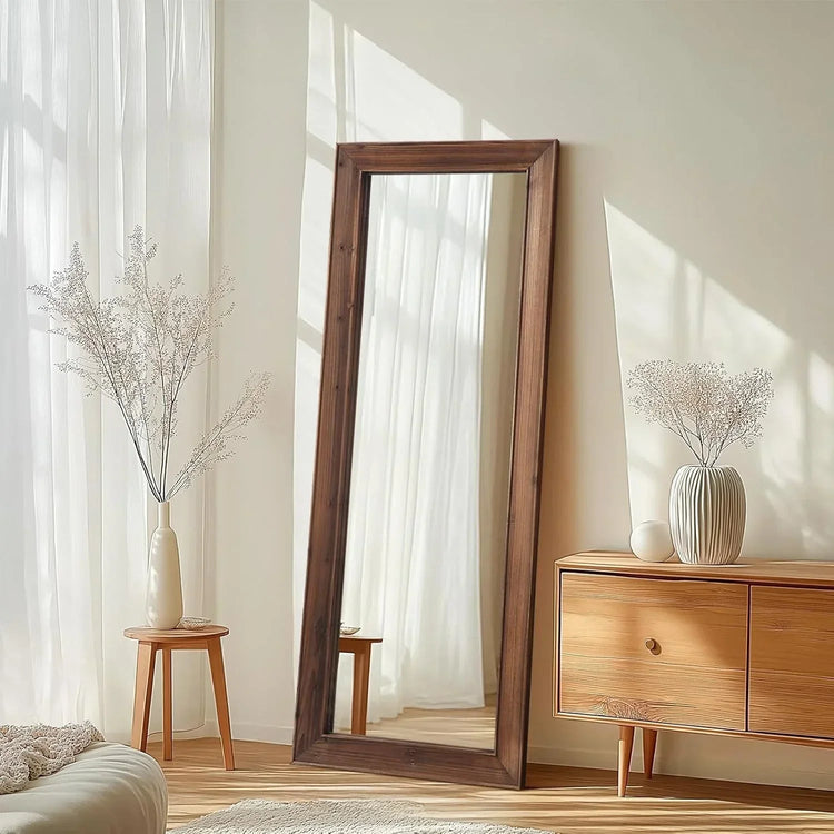 Dark-Stained Wood Floor Mirror — Wood-grain floor mirror in warm brown stain — leans, hangs, or stands