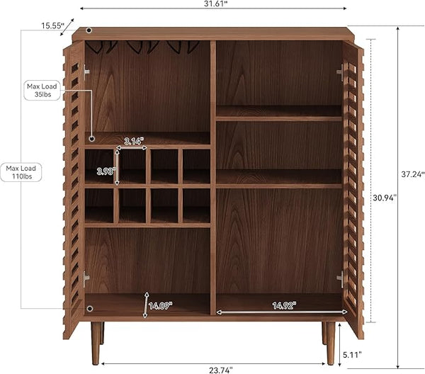 Walnut Slatted-Door Bar Cabinet with Wine Racks