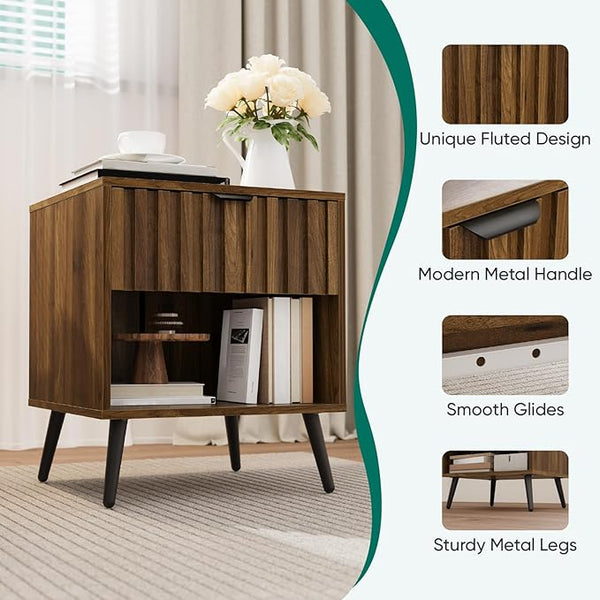 Walnut Fluted Nightstand with Drawer & Open Shelf