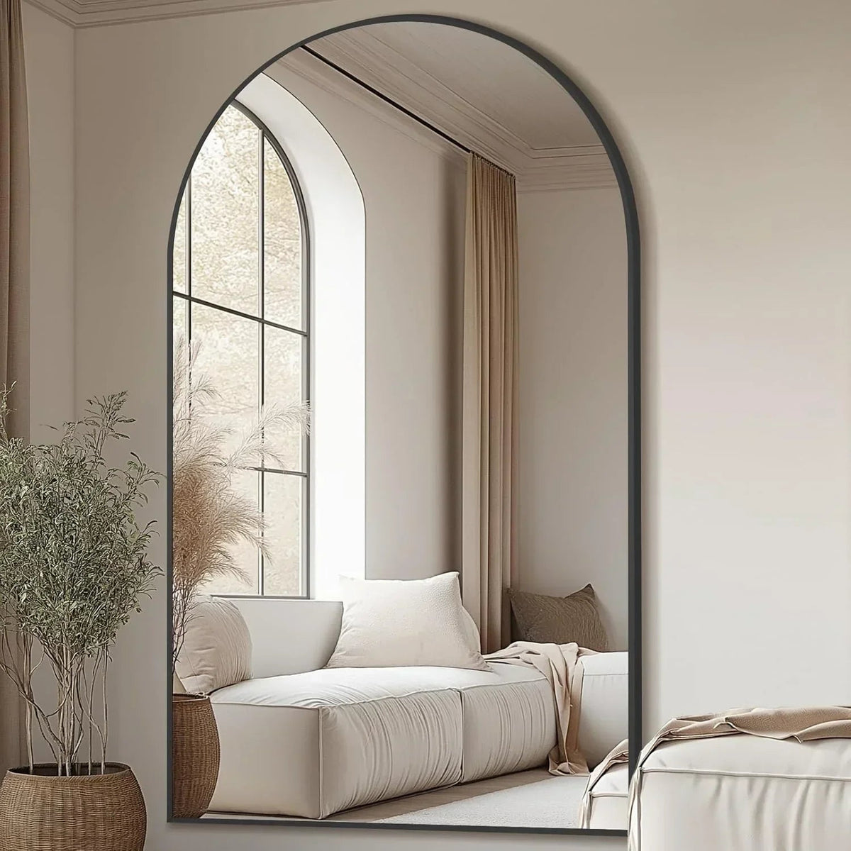 Close-up of glass clarity and rim detail — Arched Metal Frame Floor Mirror