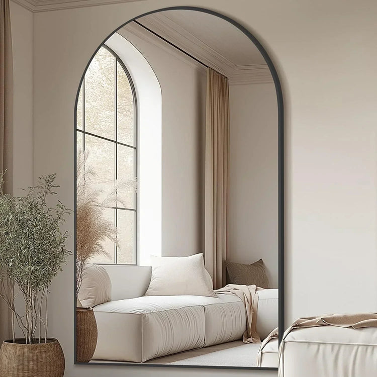 Close-up of glass clarity and rim detail — Arched Metal Frame Floor Mirror