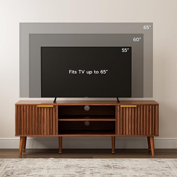 Walnut Fluted TV Stand with Storage & Open Shelves