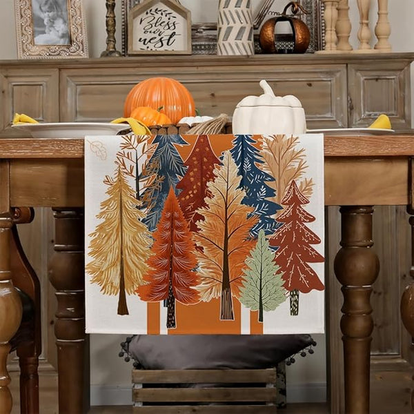 Autumn Forest Print Linen-Look Table Runner