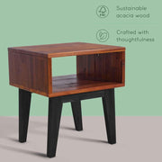 Open-Shelf Acacia Wood Nightstand — back and side profile detail