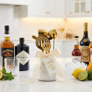 Marble and Gold Bar Tool Set — White marble holder with four gold-finish stainless steel cocktail tools