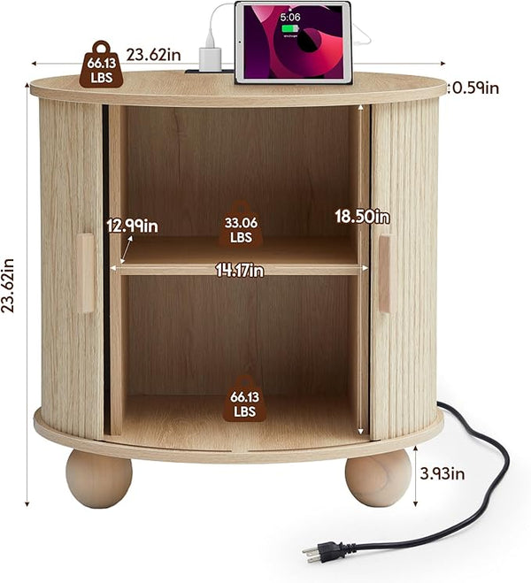 Fluted Round End Table with Charging Station