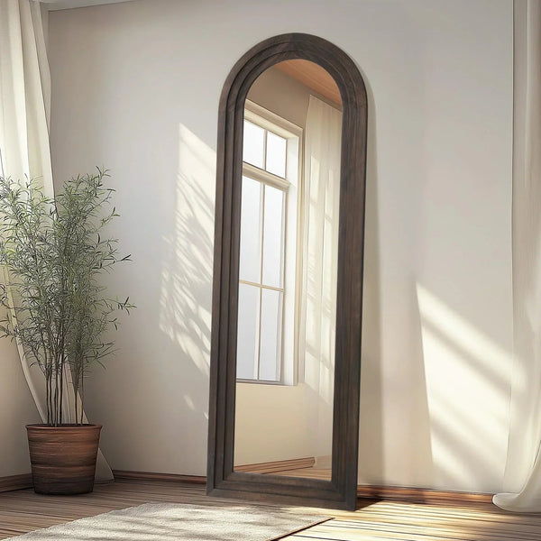Arched Wood-Grain Floor Mirror