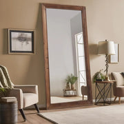 Dark-Stained Wood Floor Mirror — styled in a complete room vignette