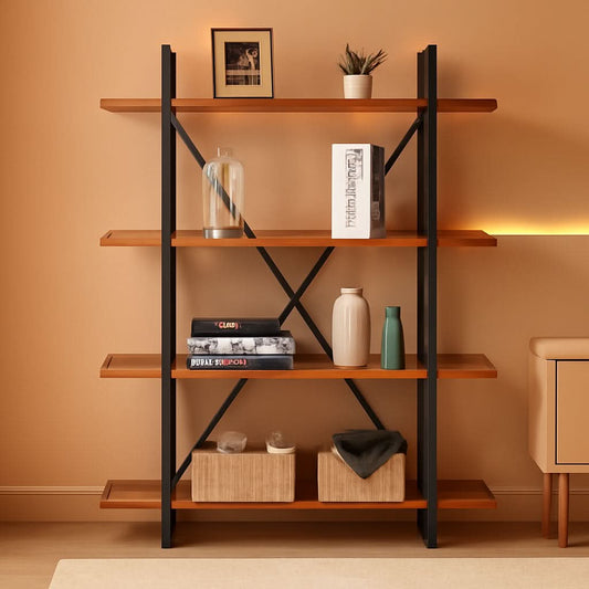 Four-Tier Wood and Metal Bookshelf – book case, in distressed brown | Roost & Roam