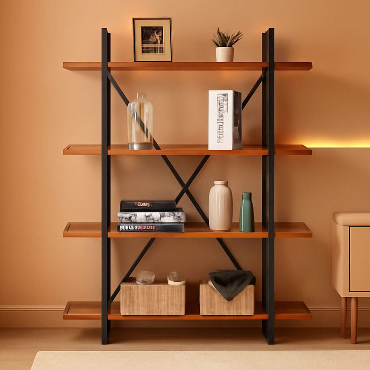 Four-Tier Wood and Metal Bookshelf – book case, in distressed brown | Roost & Roam