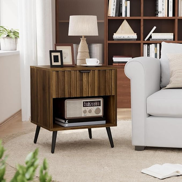 Walnut Fluted Nightstand with Drawer & Open Shelf
