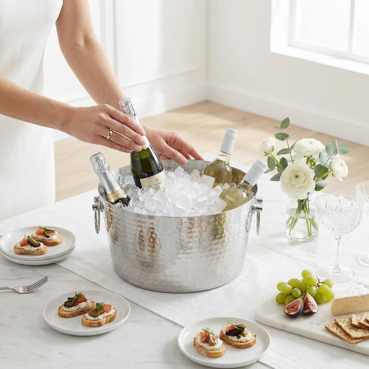 Hammered Stainless Steel Ice Bucket — Wide hammered stainless tub with ring handles for chilling bottles and ice