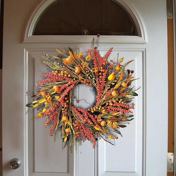 Red wreath with berries and leaves, circular