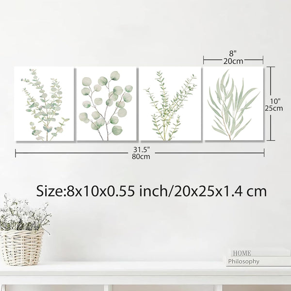 Watercolor Eucalyptus Canvas Print Set hung on a warm neutral wall above a sofa