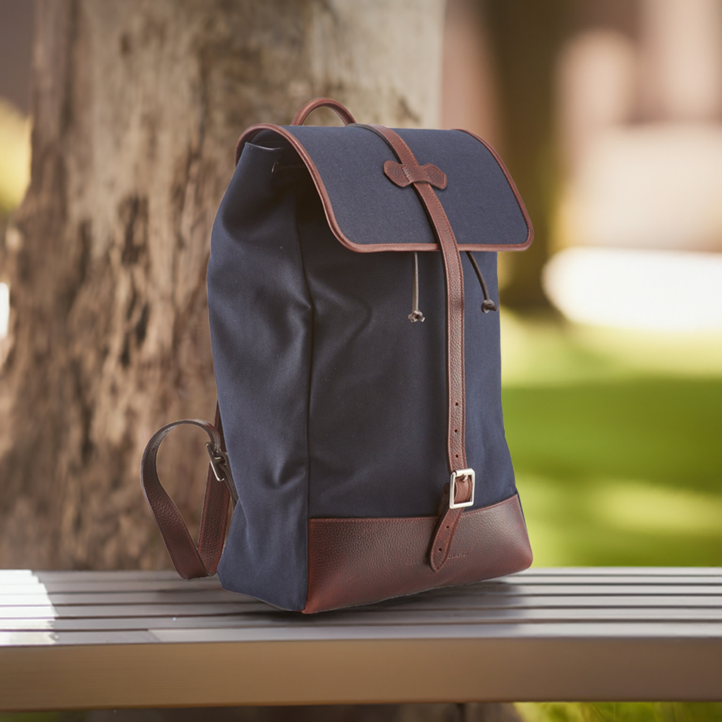 Navy Canvas Leather-Trim Backpack