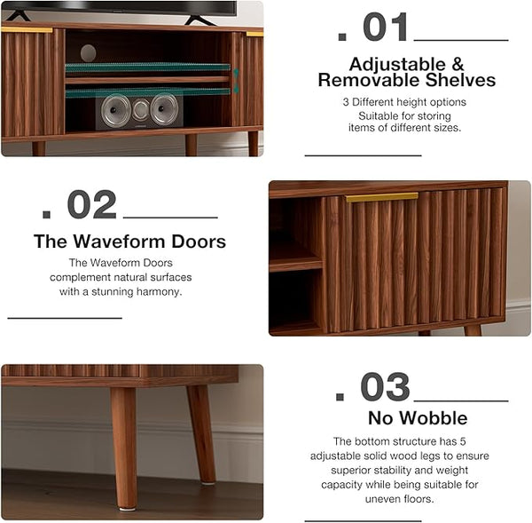 Walnut Fluted TV Stand with Storage & Open Shelves