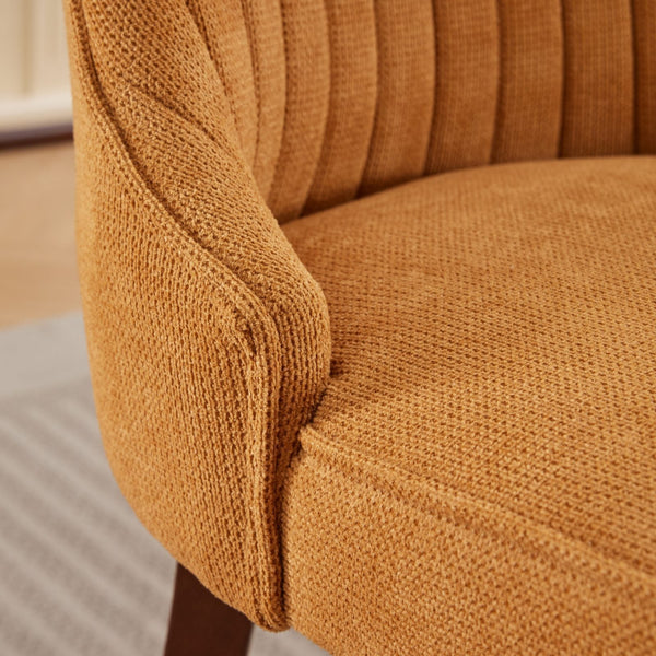 Channel-Tufted Ochre Upholstered Dining Chairs — scale reference and proportion detail