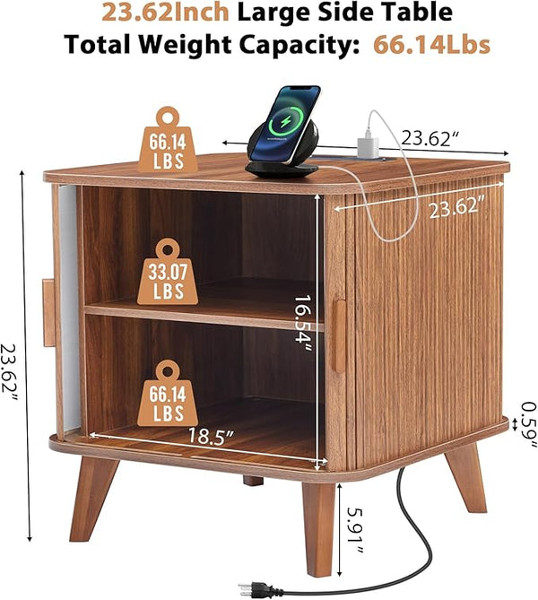 Walnut 24" Large Square End Table with Charging Station