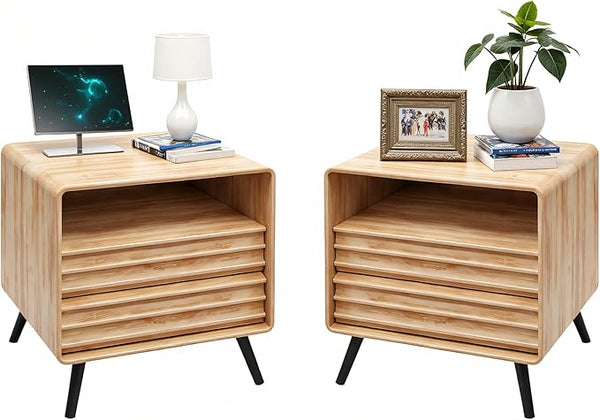 Natural Oak Fluted Charging Nightstands, Set of 2