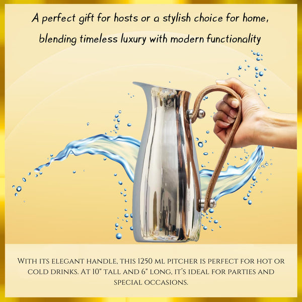 Polished Steel Leather-Handle Pitcher — scale reference and proportion detail