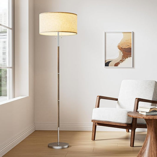 2-Light Mid-Century Floor Lamp with Beige Shade