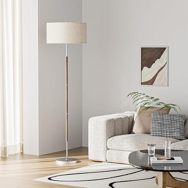 2-Light Mid-Century Floor Lamp with Beige Shade