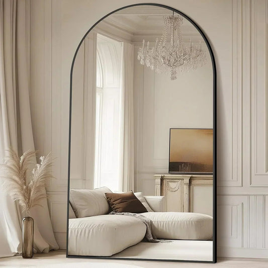 Arched Metal Frame Floor Mirror — Oversized arched floor mirror in matte black metal with tempered glass