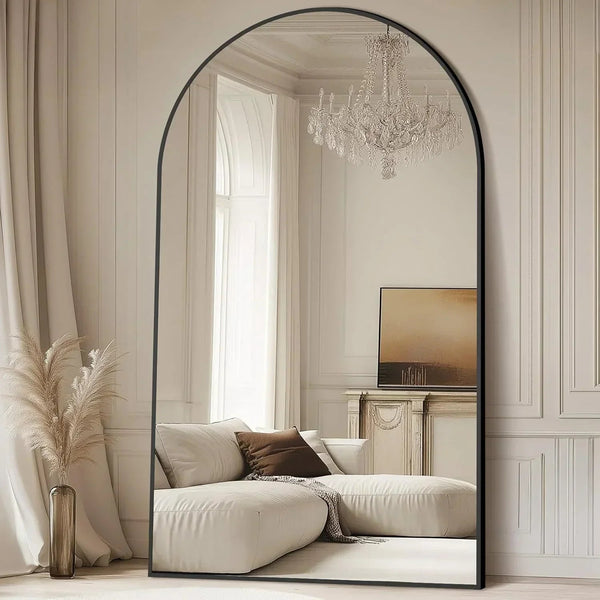 Arched Metal Frame Floor Mirror — Oversized arched floor mirror in matte black metal with tempered glass