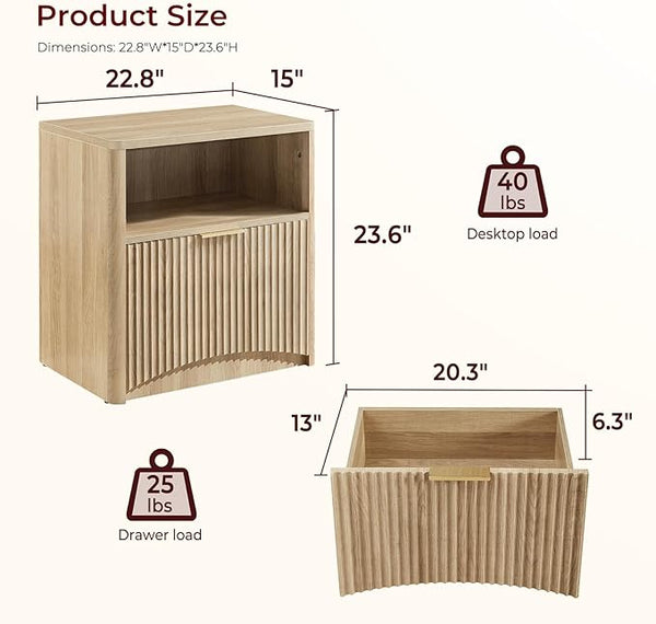 Natural Oak Fluted Nightstand with Drawer & Storage