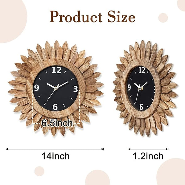 Rustic Brown 14-Inch Wood Sunburst Wall Clock