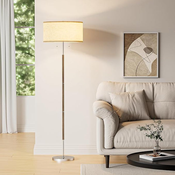 2-Light Mid-Century Floor Lamp with Beige Shade