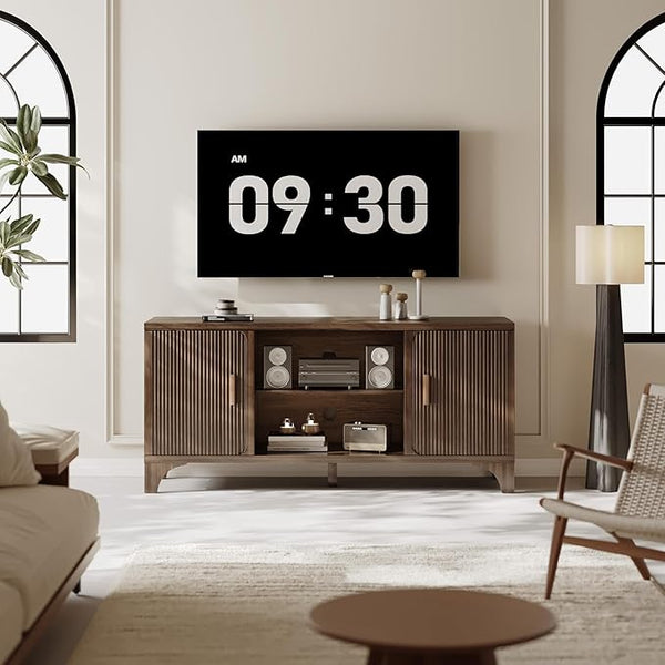 Tall Dark Brown Fluted TV Stand with Storage