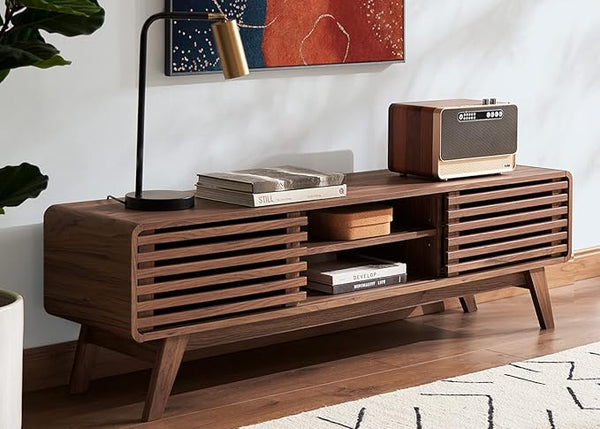 Walnut 59-Inch Mid-Century TV Stand with Storage