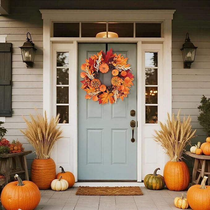 Autumn Pumpkin and Maple Leaf Wreath