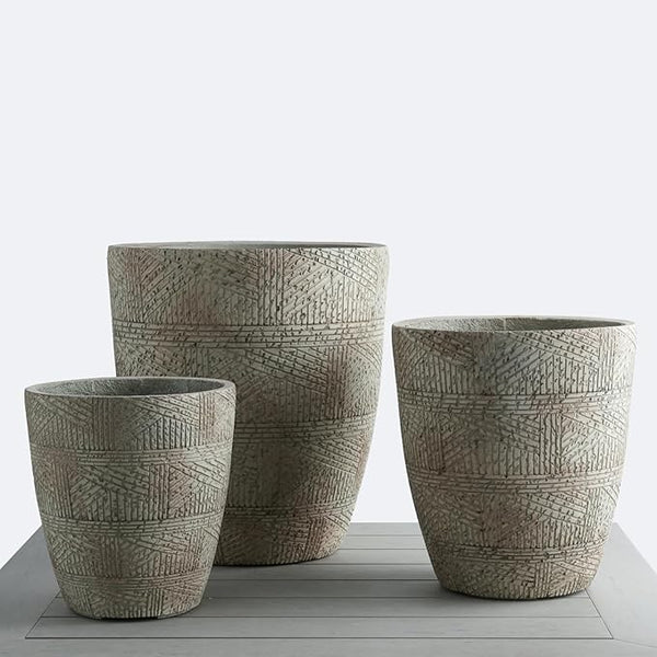 Hand-Scored Concrete-Finish Round Planter Set