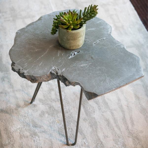 Live-Edge Concrete Side Table — Cast concrete live-edge slab top on hairpin legs, available in four finishes