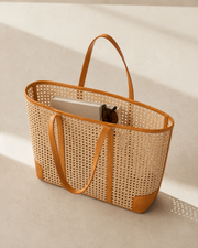 Leather and Rattan Cane Tote Bag