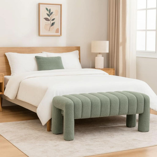 Channel-Tufted Bouclé Upholstered Ottoman Bench