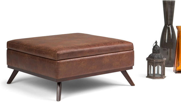 Distressed Saddle Brown Square Storage Ottoman
