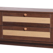 Rattan-Front Fluted Wood TV Stand — close-up of label and production detail
