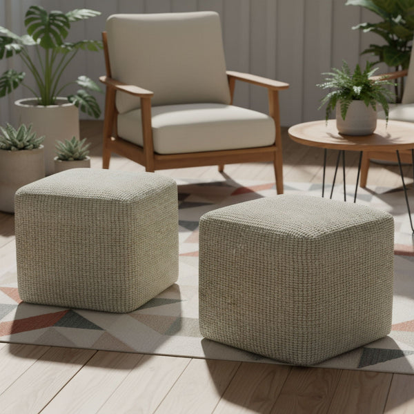 Two light gray Square Woven PET Fiber Outdoor Pouf poufs with woven texture, square outdoors