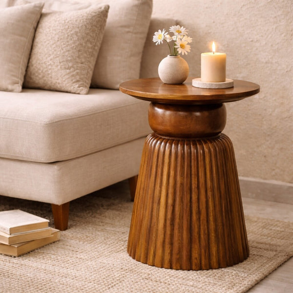 Fluted Mango Wood Round Side Table