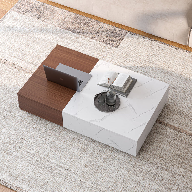 Marble-Finish Two-Tone Storage Coffee Table — Low-profile two-tone coffee table with two concealed storage drawers